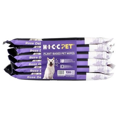 HICC Pet, Plant-Based Pet Wipes, For Dogs & Cats, Damask Rose, 6 Packs, 20 Wipes Each