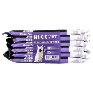 HICC Pet, Növényi alapú kisállattörlőkendők kutyáknak és macskáknak, damaszkuszi rózsa, 6 csomag, 20 törlőkendő/csomag