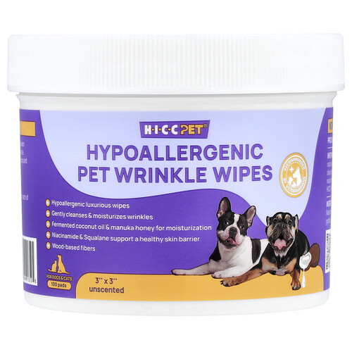 HICC Pet, Hypoallergenic Pet Wrinkle Wipes, hypoallergene Wrinkle-Tücher für Hunde und Katzen, parfümfrei, 100 Tücher