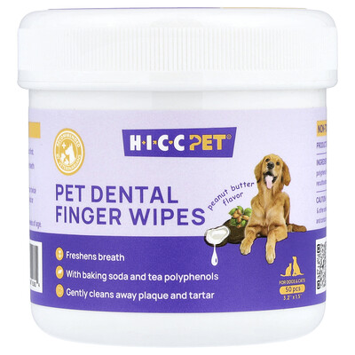 HICC Pet, Toallitas dentales para mascotas, Para perros y gatos, Mantequilla de maní, 50 piezas