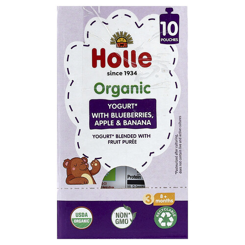 Holle, Organic Yogurt Blended with Fruit Puree, Bio-Joghurt mit Fruchtpüree, ab 8 Monaten, Heidelbeeren, Apfel und Banane, 10 Beutel, je 85 g (3 oz.).