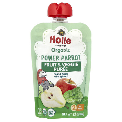 Holle, Puré de frutas y vegetales orgánicos, Power Parrot, 6 meses en adelante, Pera y manzana con espinaca, 100 g (3,5 oz)