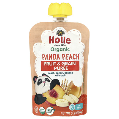 Holle, Puré de frutas y cereales orgánicos, Melocotón panda, Niños de 8 meses en adelante, Melocotón, albaricoque y plátano con espelta, 100 g (3,5 oz)