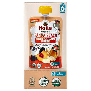 Holle, Organic Fruit & Grain Puree, Panda Peach, 8+ Months, Peach, Apricot, Banana With Spelt, 6 Pouches, 3.5 oz (100 g) Each