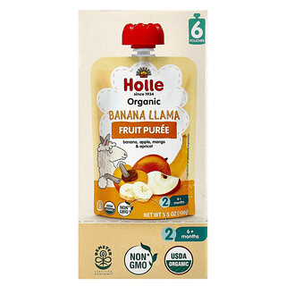 Holle, Organic Fruit Puree, Banana Llama, 6+ Months, Banana, Apple, Mango & Apricot, 6 Pouches, 3.5 oz (100 g) Each