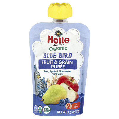 Holle, Puré de frutas y cereales orgánicos, Blue Bird, 6 meses en adelante, Pera, manzana y arándanos azules con avena, 100 g (3,5 oz)