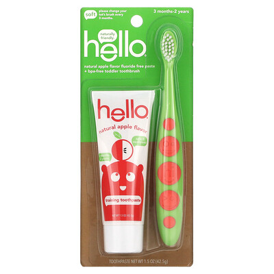 

Hello, Fluoride Free Training Toothpaste + Toddler Toothbrush, Soft, 3 Months/2 Years, Natural Apple, 1 Set