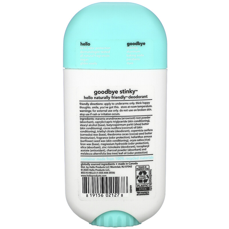 Hello, Deodorant with Activated Charcoal, Fresh + Clean , 2.6 oz (73 g