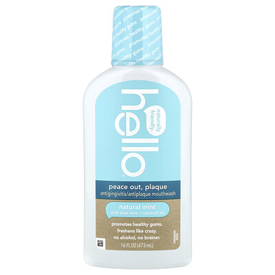 Hello, Peace Out, Placa, Enjuague bucal antiplaca y antigingivitis, Menta natural, 473 ml (16 oz. líq.)