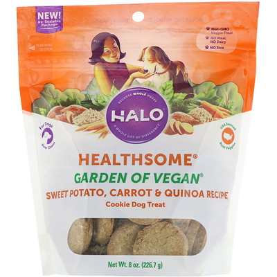 

Halo Healthsome, Garden of Vegan, Печенье для собак, Рецепт со сладким картофелем, морковью и киноа, 8 унц. (226,7 г)