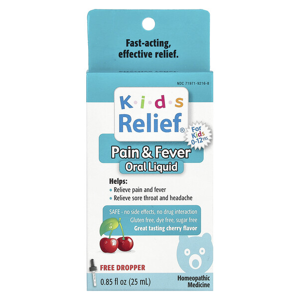 Homeolab USA Kids Relief, Pain & Fever Oral Liquid, For Kids 0-12 Yrs, Cherry, 0.85 fl oz (25 ml)