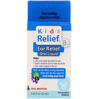 Homeolab USA Kids Relief, Ear Relief Oral Liquid, For Kids 0-9 Yrs, Grape Flavor, 0.85 fl oz (25 ml)
