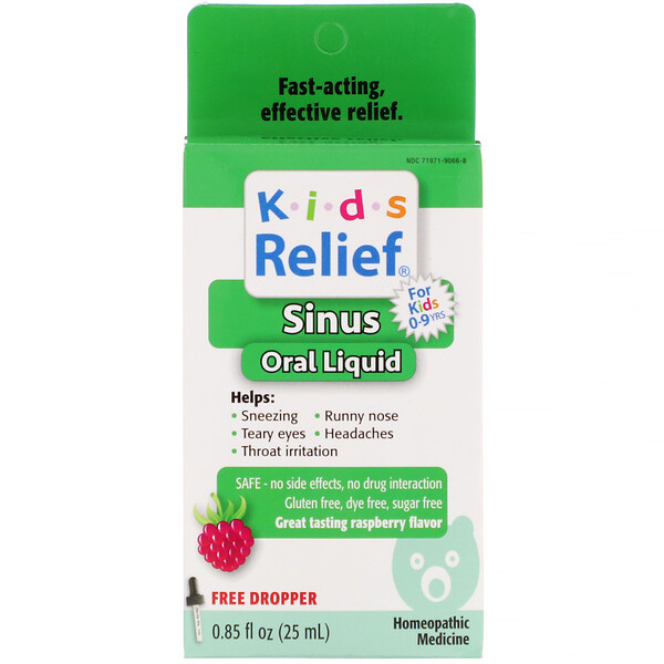 Homeolab USA‏, Kids Relief, Sinus Oral Liquid, For Kids 0-9 Yrs, Raspberry Flavor, 0.85 fl oz (25 ml)