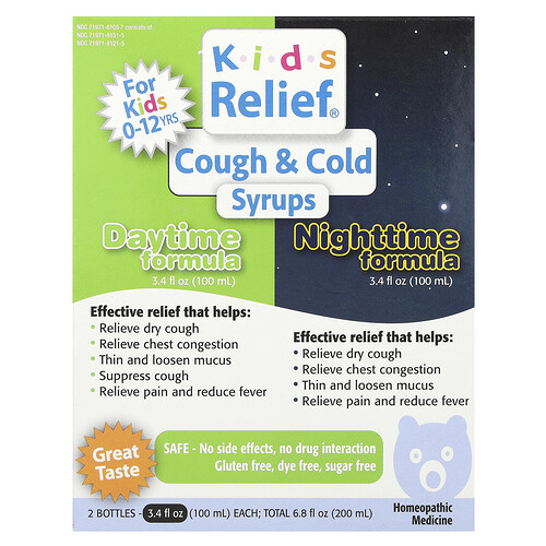Homeolab USA, Kids Relief®, Cough & Cold Syrups, Husten- und Erkältungssirup, Tages- und Nachtformel, 0–12 Jahre, 2 Flaschen, je 100 ml (3,4 fl. oz.).