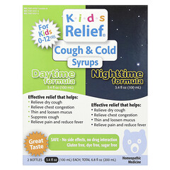 Kids Relief®, сироп від кашлю та застуди, денний і нічний засіб, від 0 до 12 років, 2 флакони по 100 мл (3,4 рідк. унції)