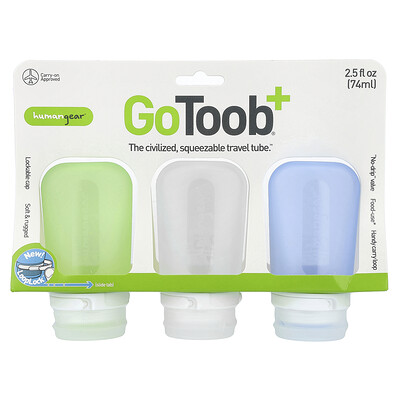Humangear, GoToob+®, Tubos para viajes, Medianos, Verde, transparente y azul, Paquete de 3, 74 ml (2,5 oz. líq.) cada uno