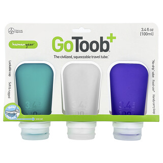 Humangear, GoToob+®, matkatuubi, suuri, kirkas, violetti ja sinivihreä, 3 pakkaus, 100 ml / kpl