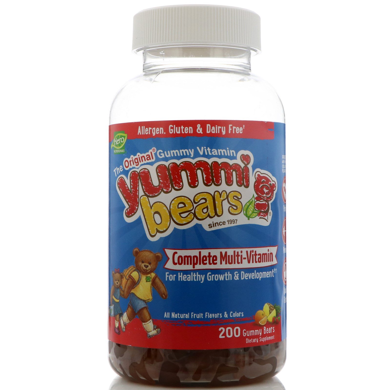 Hero Nutritional Products, Yummi Bears, полноценный мультивитамин, со вкусом натуральных фруктов, 200 жевательных медвежат