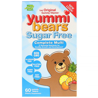 Hero Nutritional Products, 美味熊，多面複合維生素，無糖、天然草莓、柳丁與鳳梨味，60 粒美味熊