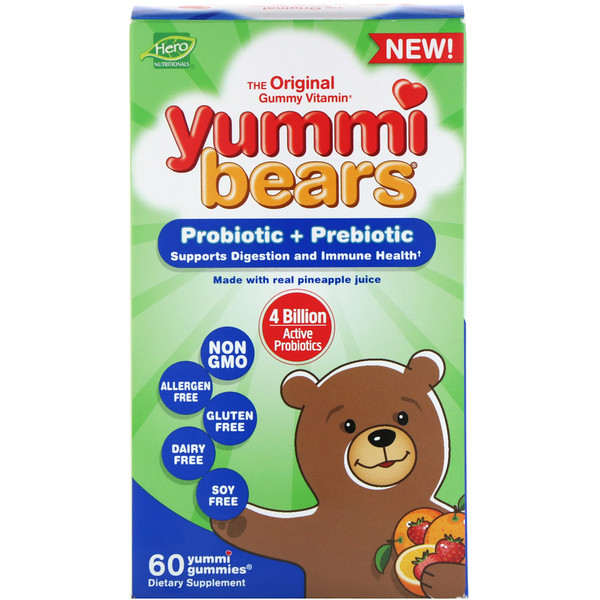 Hero Nutritional Products, Yummi Bears, 프로바이오틱 + 프리바이오틱, 천연 딸기 및 오렌지 맛, 여미 구미젤리 60개
