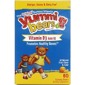 Hero Nutritional Products, Yummi Bears, витамин D3, полностью натуральные фруктовые вкусоароматические добавки, 600 МЕ, 60 жевательных медвежат