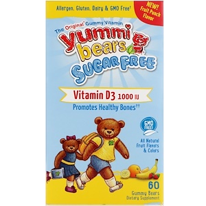 Hero Nutritional Products, Yummi Bears, витамин D3, не содержит сахар, вкус - фруктовый пунш, 1000 МЕ, 60 жевательных медвежат