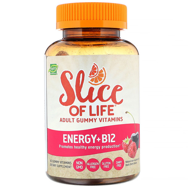 Hero Nutritional Products, Slice of Life, Vitamin-Gummis für Erwachsene, Energie + B12, natürlicher Fruchtgeschmack, 60 Gummis