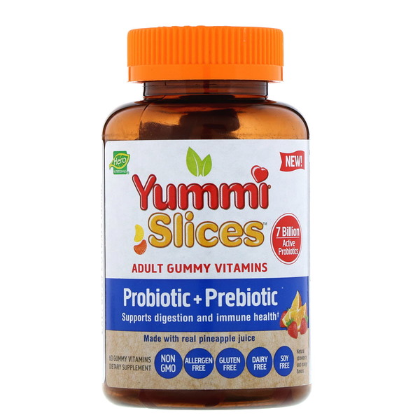 Hero Nutritional Products, Yummi Slices, Adult Gummy Vitamins, Probiotic + Prebiotic, Natural Strawberry and Orange Flavors, 60 Gummy Vitamins