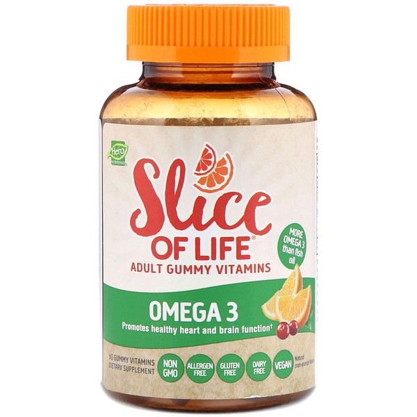 Hero Nutritional Products, Slice of Life, Adult Gummy Vitamins, Omega3, Natural CranOrange