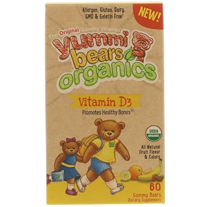 Hero Nutritional Products, Yummi Bears Organics, витамин D3, полностью натуральный фруктовый вкус, 60 жевательных конфет