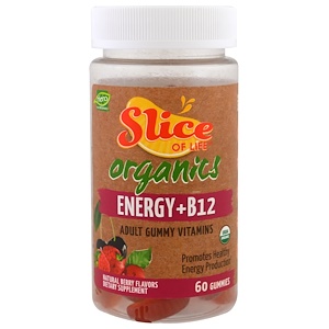 Hero Nutritional Products, Slice of Life Organics, Adult Gummy Vitamins, Energy + B12, Natural Berry Flavors, 60 Gummies