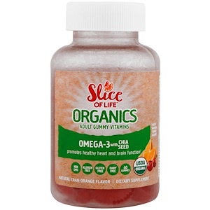 Hero Nutritional Products, Slice of Life Organics, Adult Gummy Vitamins, Omega-3 with Chia Seed, Natural Cran-Orange, 60 Gummies