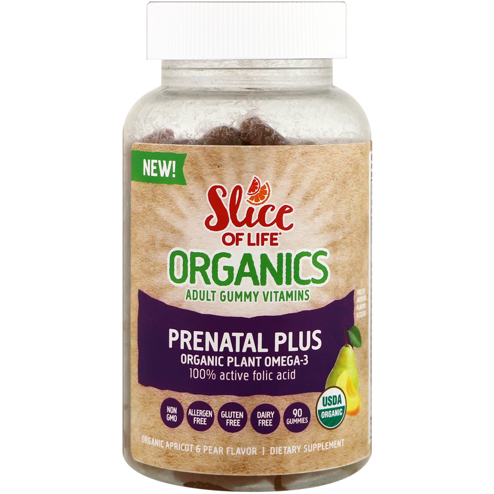 Hero Nutritional Products, Slice of Life, органические жевательные витамины для взрослых, пренатальные, органические абрикос и груша, 90 жевательных таблеток
