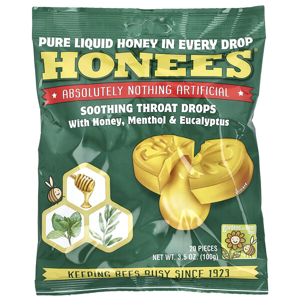 Honees Soothing Throat Drops with Honey, Menthol & Eucalyptus, 20 Pieces, 3.5 oz (100 g)