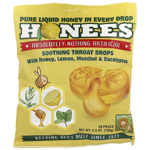 Honees, Beruhigende Halstropfen mit Honig, Zitrone, Menthol & Eucalyptus, 20 Stück, 100 g