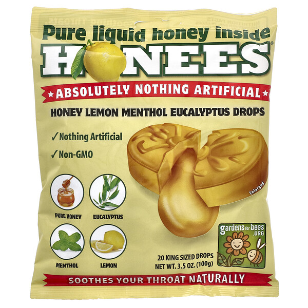 Honees Honey Lemon Menthol Eucalyptus Cough Drops, 20 King Sized Drops, 3.5 oz (100 g)