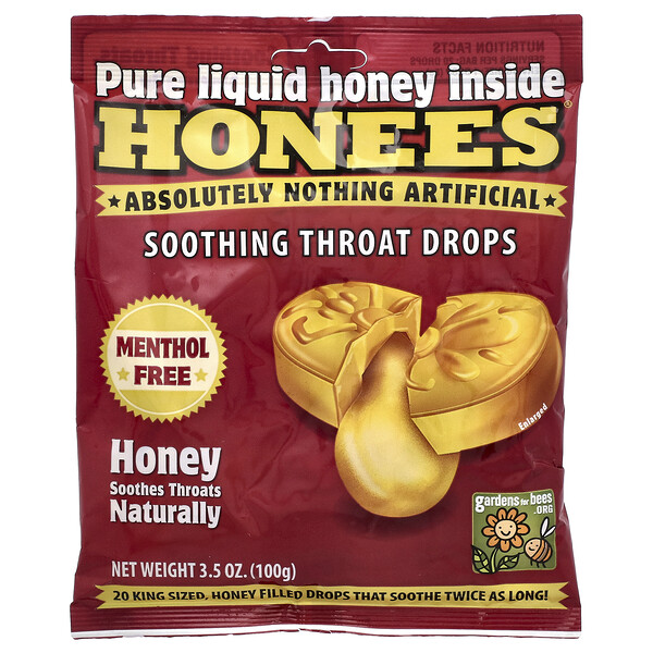 Honees Soothing Throat Drops, Honey, 20 King Size Drops, 3.5 oz (100 g)