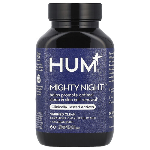 Hum Nutrition HUM Nutrition, Mighty Night™, Ceramides, CoQ10, Ferulic Acid + Valerian Root, 60 Vegan Softgels