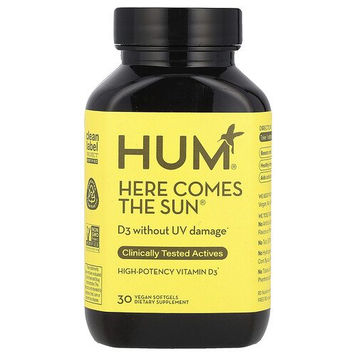 HUM Nutrition, Here Comes The Sun®, High-Potency Vitamin D3, hochwirksames Vitamin D3, 30 vegane Weichkapseln (50 mcg pro Weichkapsel)