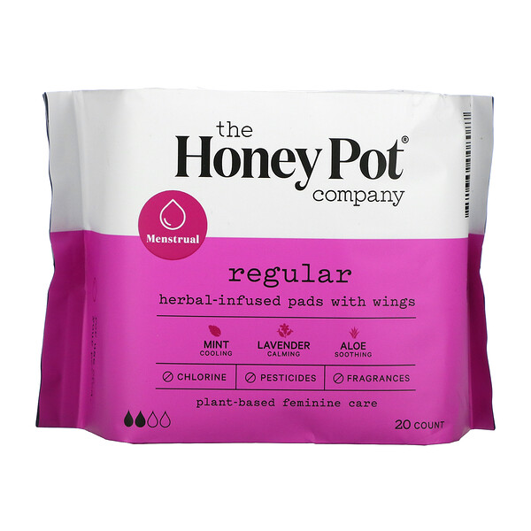 The Honey Pot Company, Compresas con alas con infusión herbal, Regular, 20 unidades