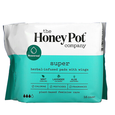 

The Honey Pot Company Super, гигиенические прокладки с крылышками, с экстрактами трав, 16 штук