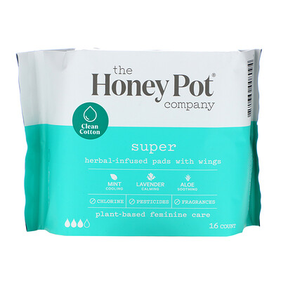 The Honey Pot Company Herbal-Infused Pads with Wings, Super, 16 Count