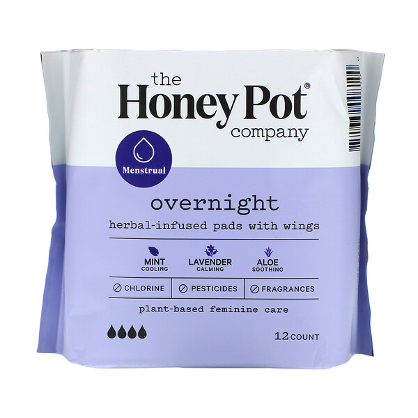 The Honey Pot Company, Herbal-Infused Pads with Wings, Overnight, Binden mit Flügeln, mit Heilkräutern, Nachtschutz, 12 Stück