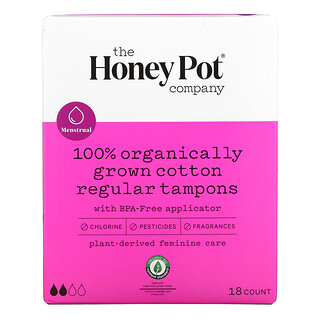 The Honey Pot Company, سدادات قطنية من القطن المزروع عضويًا 100%،عادية، 18 سدادة