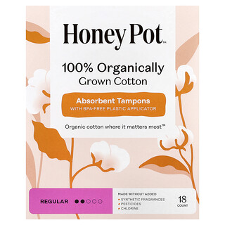 The Honey Pot Company, впитывающие тампоны из 100% органического хлопка, обычные, 18 шт.