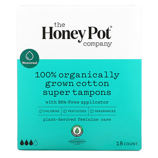 The Honey Pot Company, 100% Organically Grown Cotton Super Tampons, 18 Count