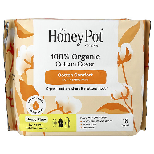 The Honey Pot Company 100% Organic Cotton Cover, Non-Herbal Daytime Pads with Wings, Heavy, 16 Count