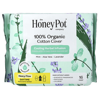 The Honey Pot Company, Compresas con alas con recubrimiento de 100 % algodón orgánico para el uso diurno, Intensas, 16 unidades
