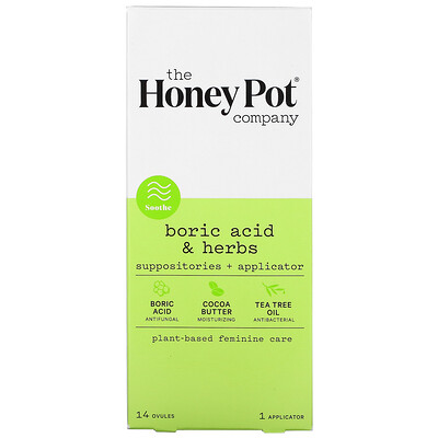 The Honey Pot Company Борная кислота и травы, Суппозитории + аппликатор, 14 супозиториев, 1 аппликатор