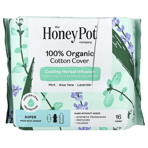 The Honey Pot Company, 100% Organic Cotton Cover, Cooling Herbal Infusion, Pads with Wings, Super, 16 Count